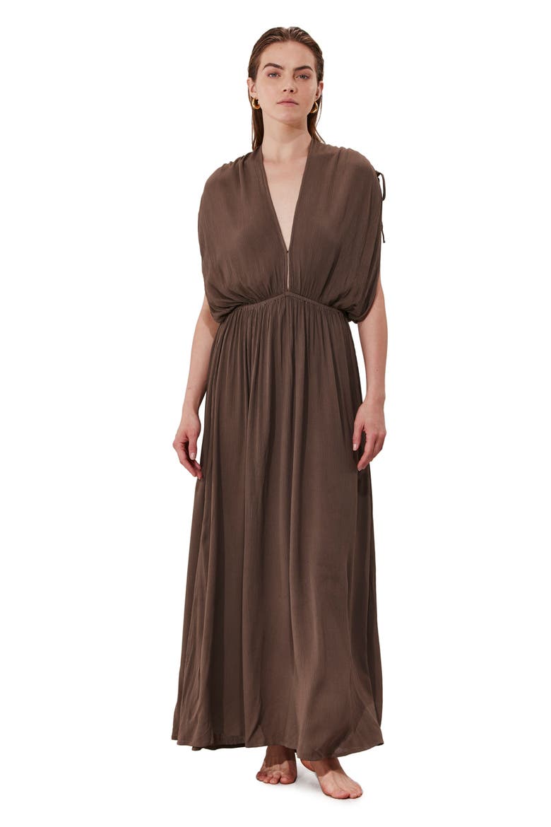 Solena Crêpe V Neck Open Back Midi Dress Cover-Up, Main, color, Khaki