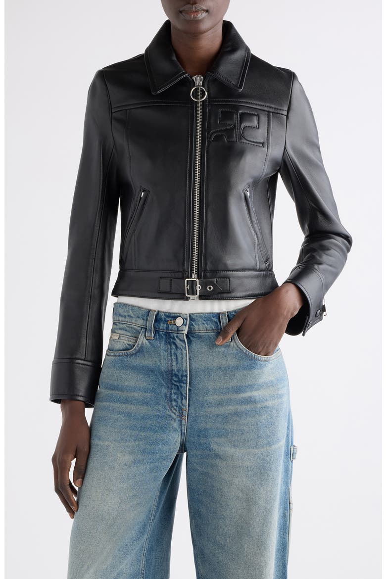 Iconic Zip Lambskin Leather Jacket, Main, color, BLACK