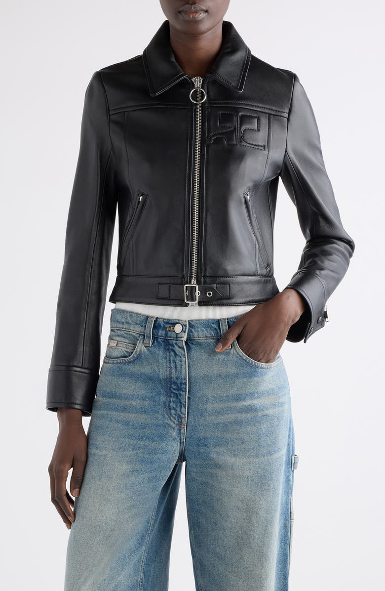 Courrèges Iconic Zip Lambskin Leather Jacket, Main, color, Black