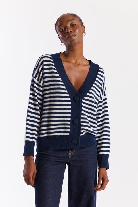 Beach Stripe 100% Cashmere Cardigan