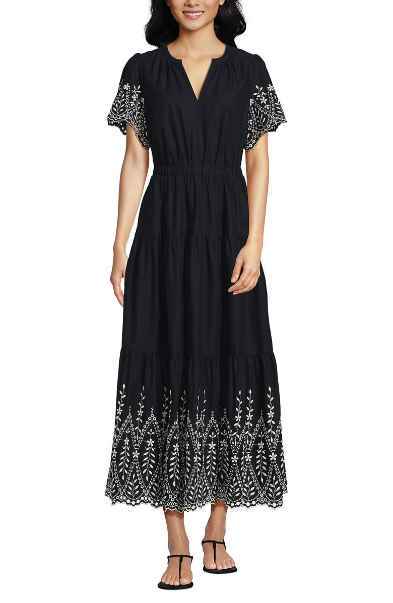 Lands' End Tiered Cotton Poplin Eyelet Maxi Dress, Main, color, Eyelet/Black