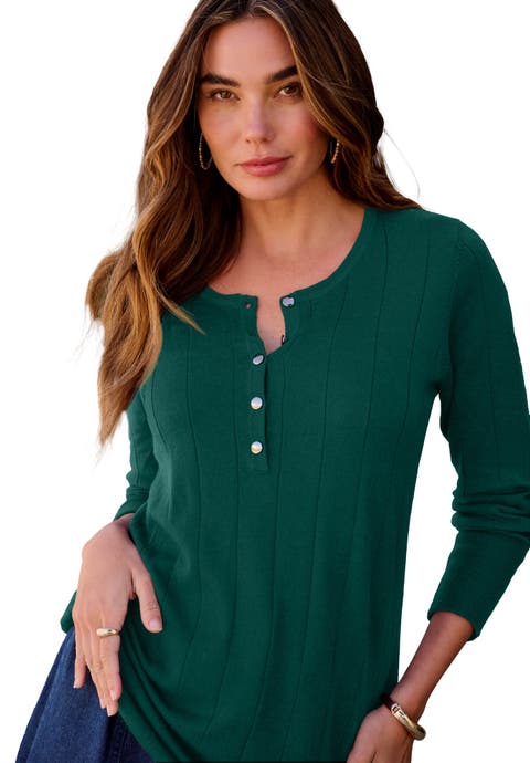 Plus Size Drop Needle Henley Lightweight Sweater Knit