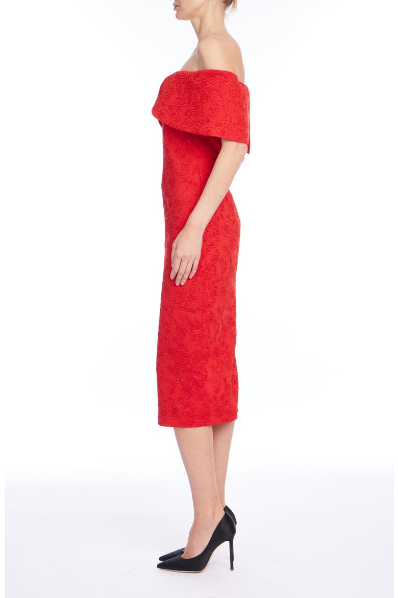 Floral Embossed Off the Shoulder Scuba Midi Dress, Alternate, color, RED