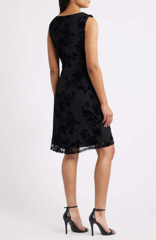 Connected Apparel Flocked Faux Wrap Dress In Black