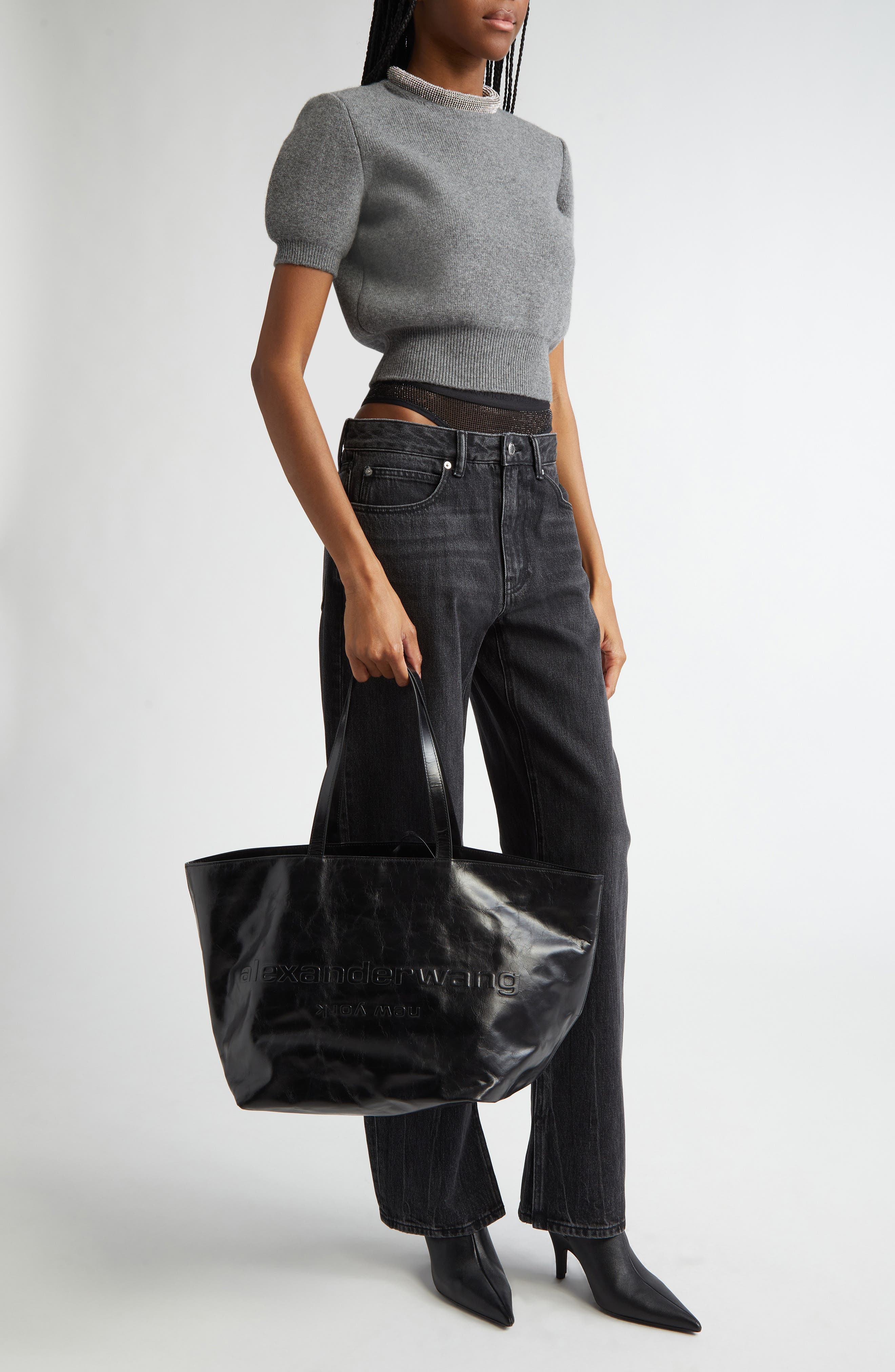 Alexander Wang Punch Crinkled Leather Tote, Alternate, color, 001 Black