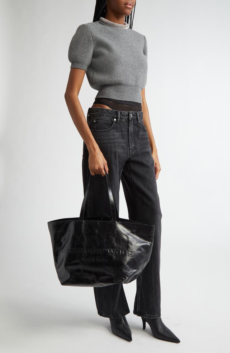 Alexander Wang Punch Crinkled Leather Tote, Alternate, color, 001 Black