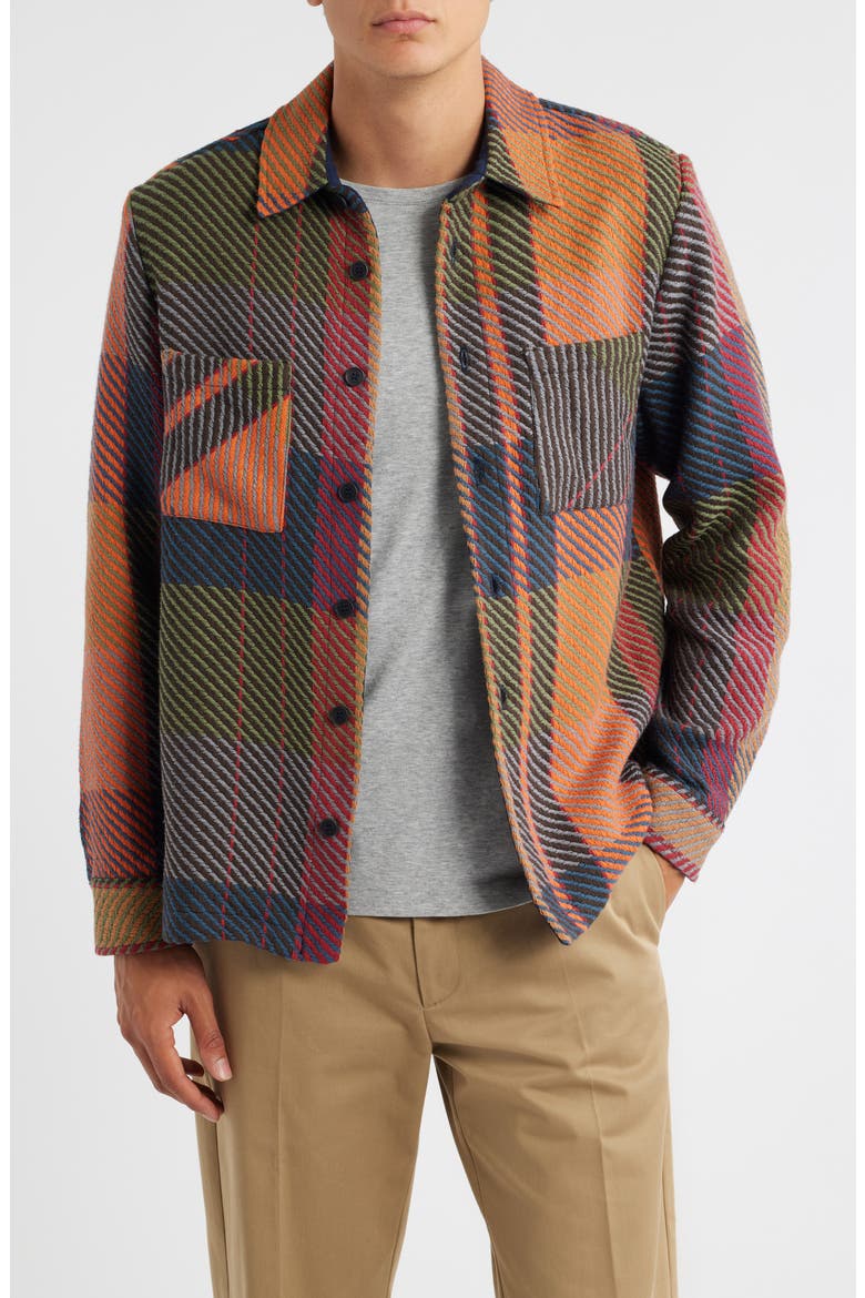 Whiting Tempo Exploded Plaid Cotton Blend Button-Up Overshirt, Main, color, ORANGE / MULTI