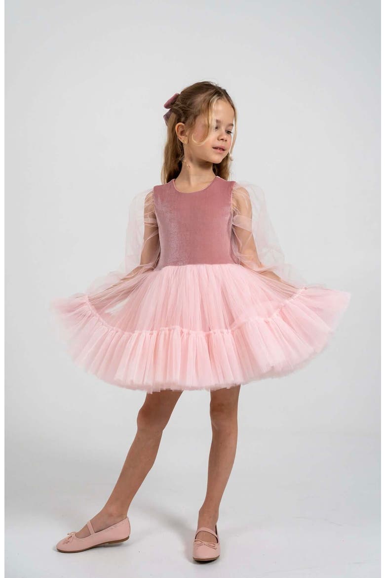 Grace Balloon Sleeve Velvet Tulle Dress, Main, color, Pink Rose