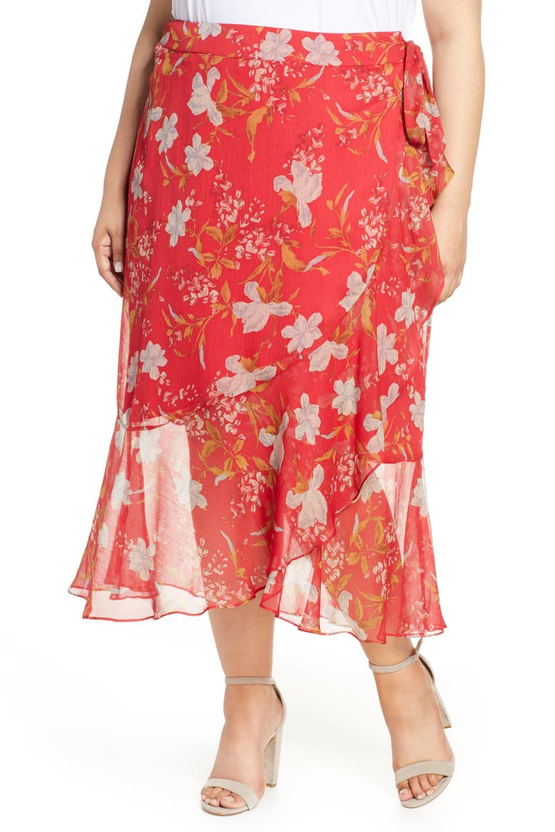 Ruffled Faux Wrap Skirt, Main, color, CORAL SUNSET
