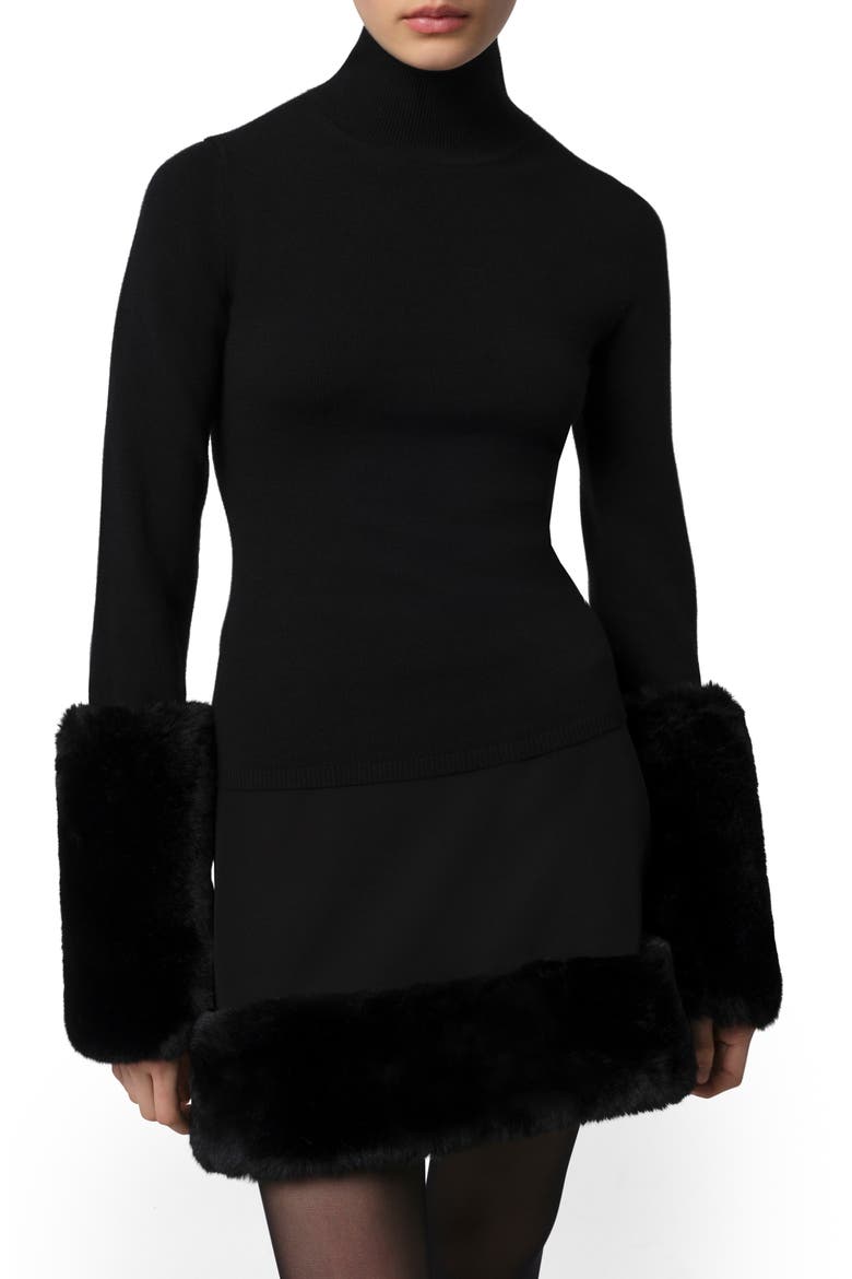Pluche™ Faux Fur Cuff Turtleneck Sweater, Main, color, NOIR / NOIR