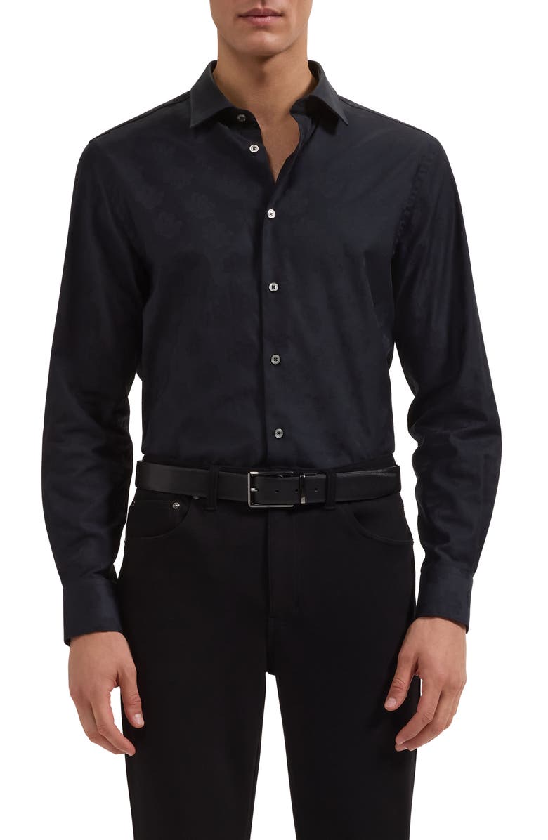 Bugatchi Julian Shaped Fit Black Stretch Cotton Jacquard Button-Up Shirt, Main, color, Black