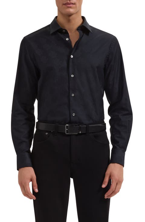 Julian Shaped Fit Black Stretch Cotton Jacquard Button-Up Shirt