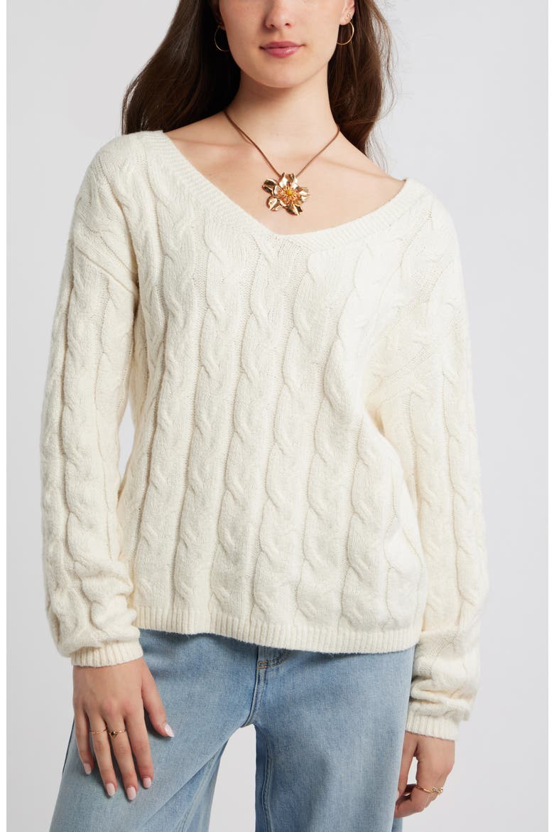 Cable Knit V-Neck Cotton Blend Sweater, Main, color, IVORY ANTIQUE