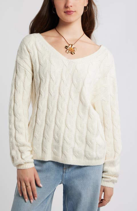 Cable Knit V-Neck Cotton Blend Sweater