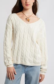 BP. Cable Knit V-Neck Cotton Blend Sweater