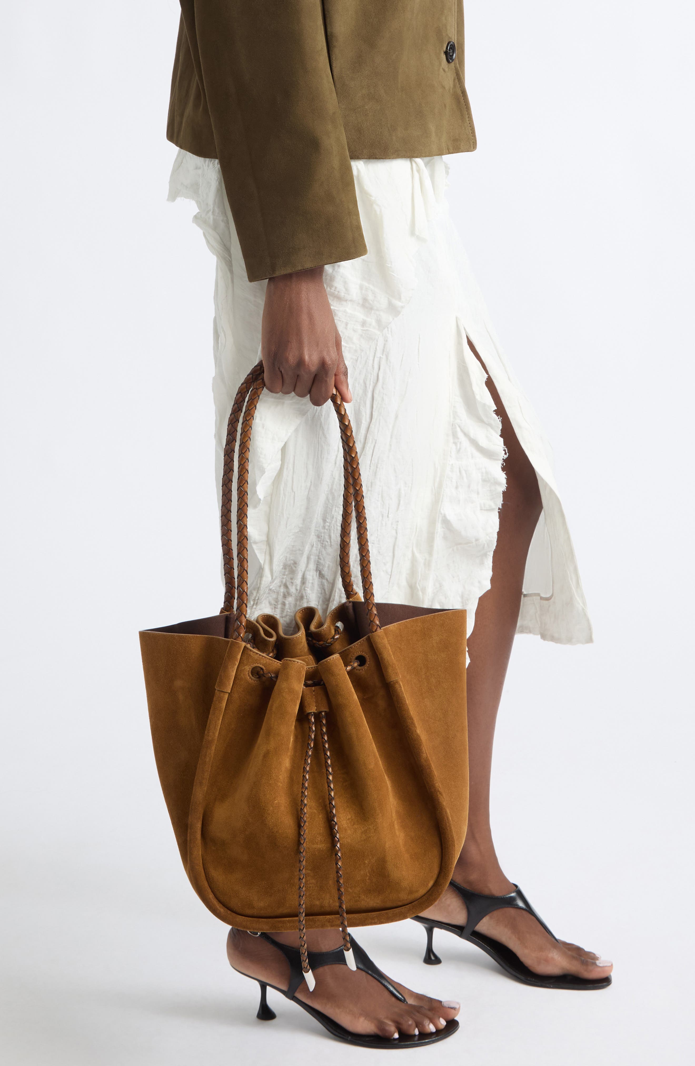 Large Ruched Suede Tote, Alternate, color, HAZELNUT