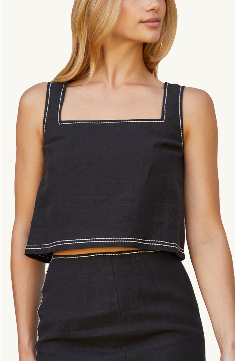 CRESCENT Embroidered Contrast Stitch Square Neck Linen Top, Main, color, Black