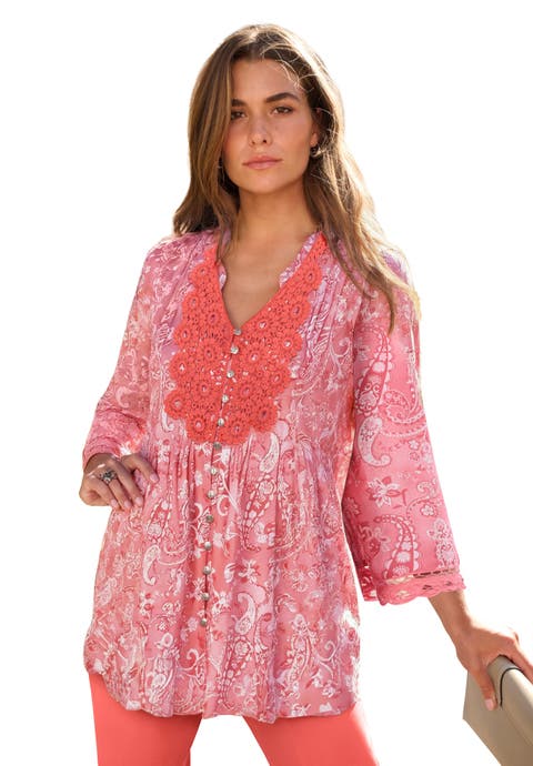 Plus Size Juliet Lace Trim Button-Down Shirt