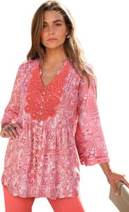 Roaman's Plus Size Juliet Lace Trim Button-Down Shirt