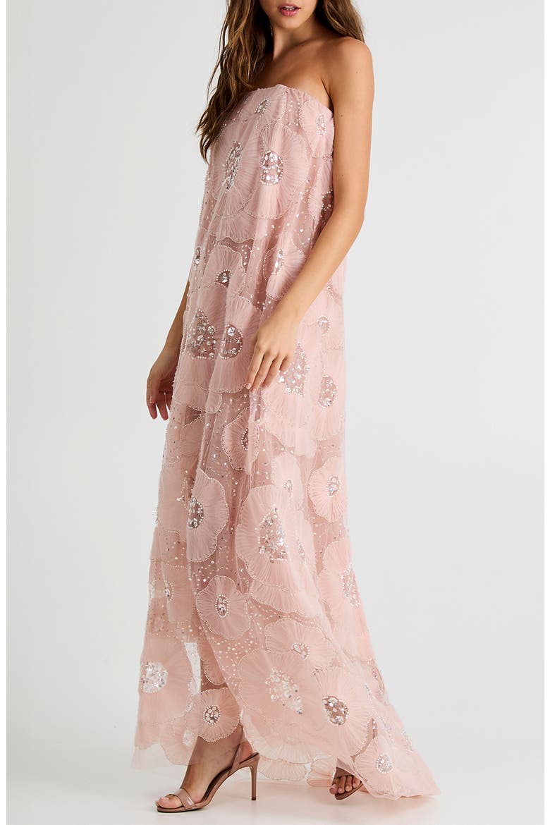 Margot Bead & Appliqué Strapless Mesh Gown, Alternate, color, PINK PEARL