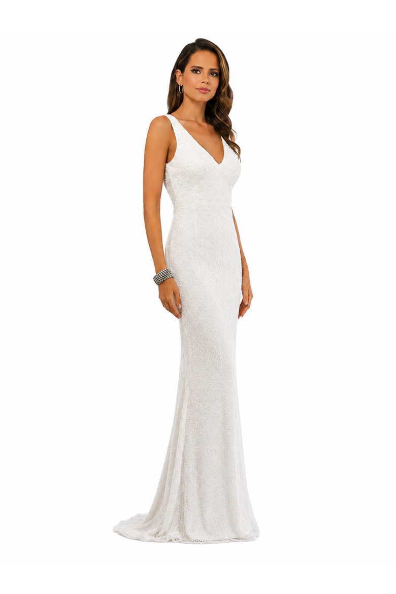Erika Beaded Draped Cowl Back V-Neck Wedding Dress, Alternate, color, Ivory