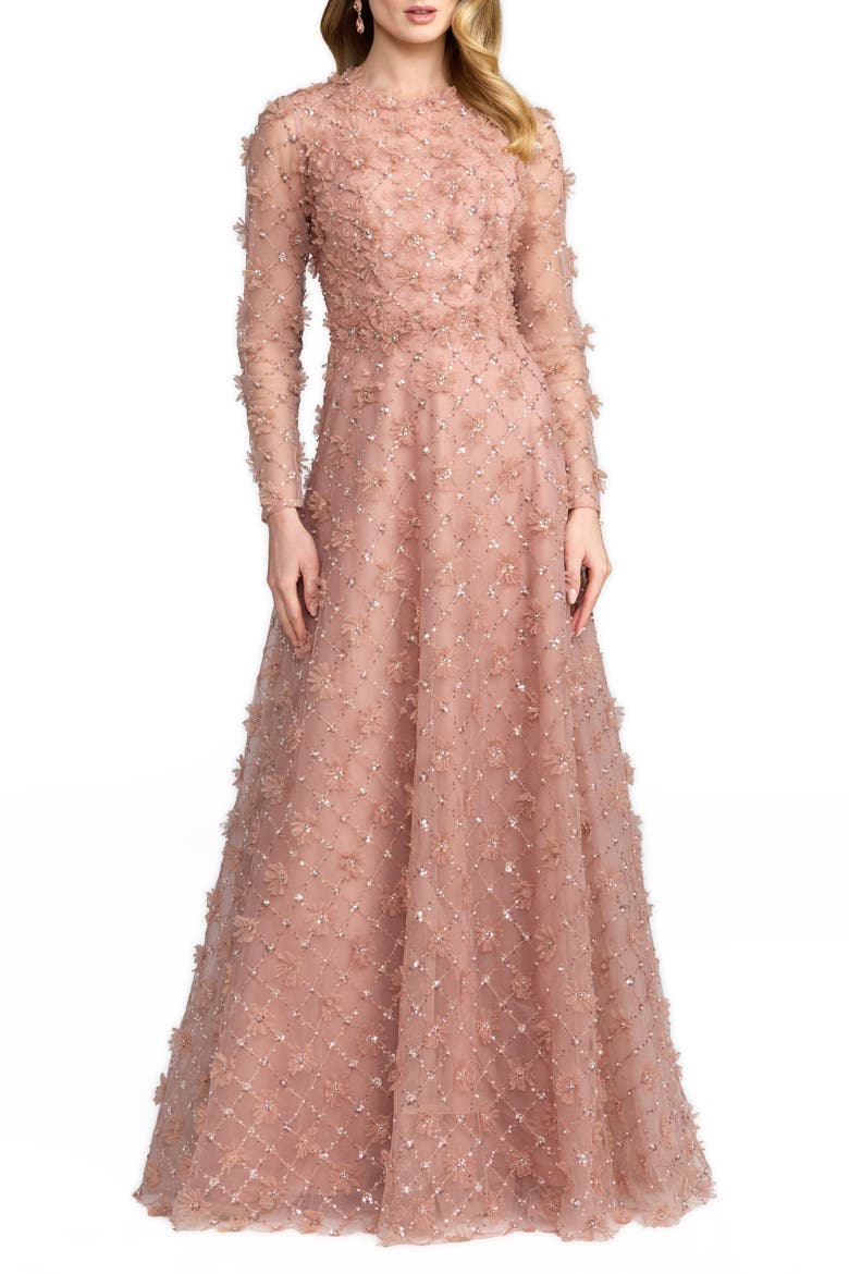 High Neck Long Sleeve Floral Embellished A-Line Gown, Main, color, Mocha