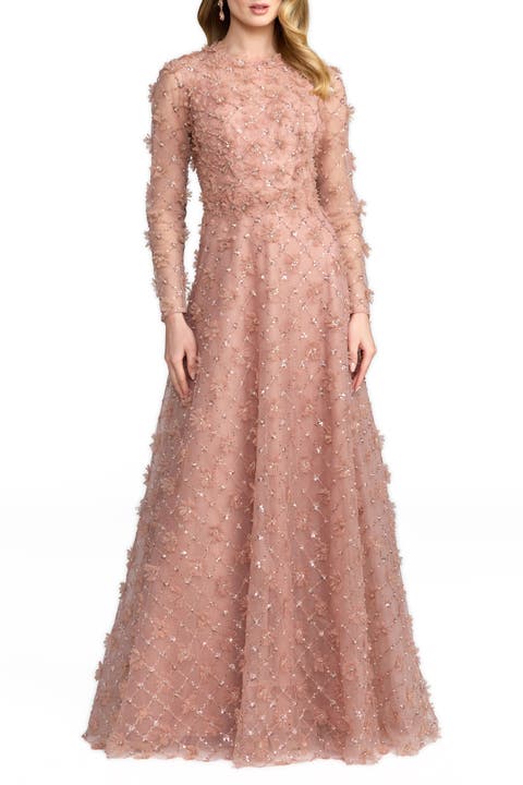 High Neck Long Sleeve Floral Embellished A-Line Gown