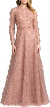 Mac Duggal High Neck Long Sleeve Floral Embellished A-Line Gown