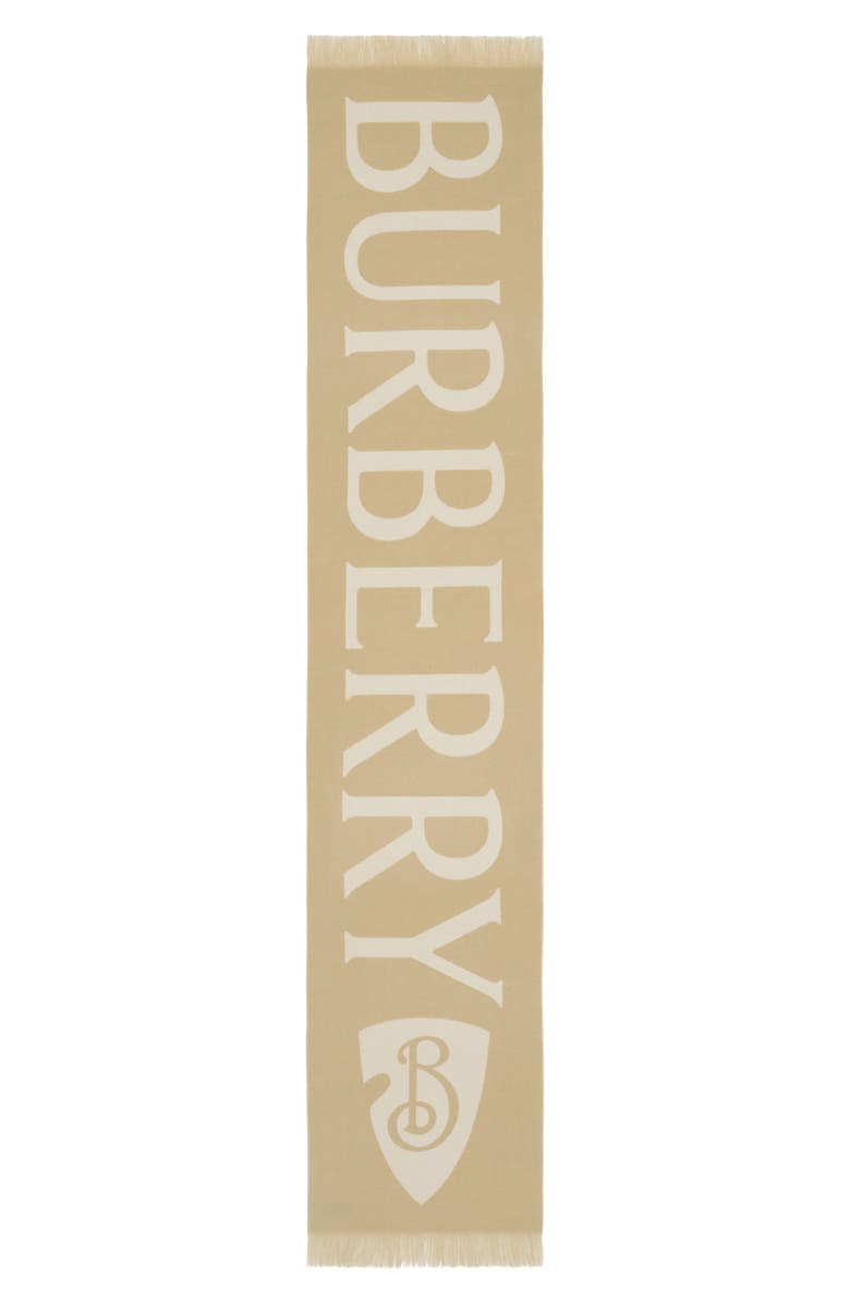 Burberry Reversible Logo Jacquard Wool Scarf, Alternate, color, Sand