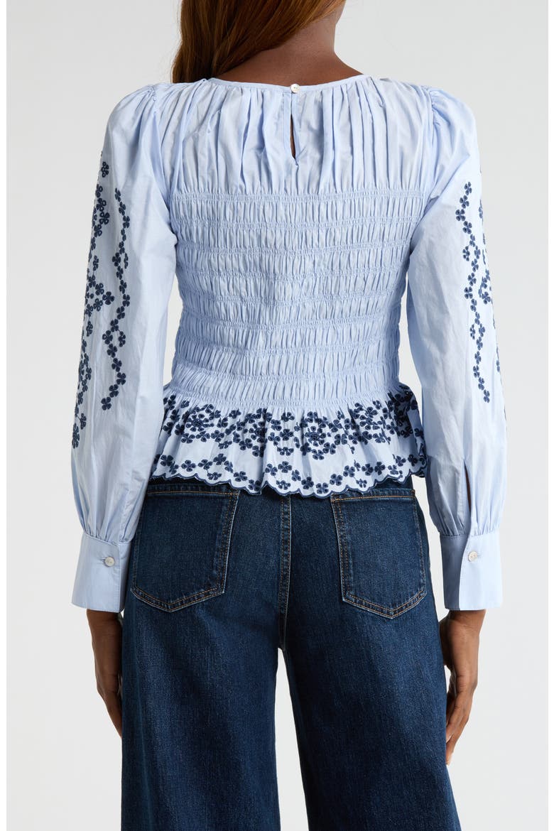 Tabi Embroidered Smocked Cotton Top, Alternate, color, BLUE BIRD