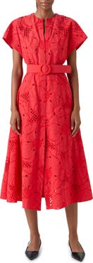 Akris punto Floral Eyelet Embroidered Belted Cotton Poplin Dress