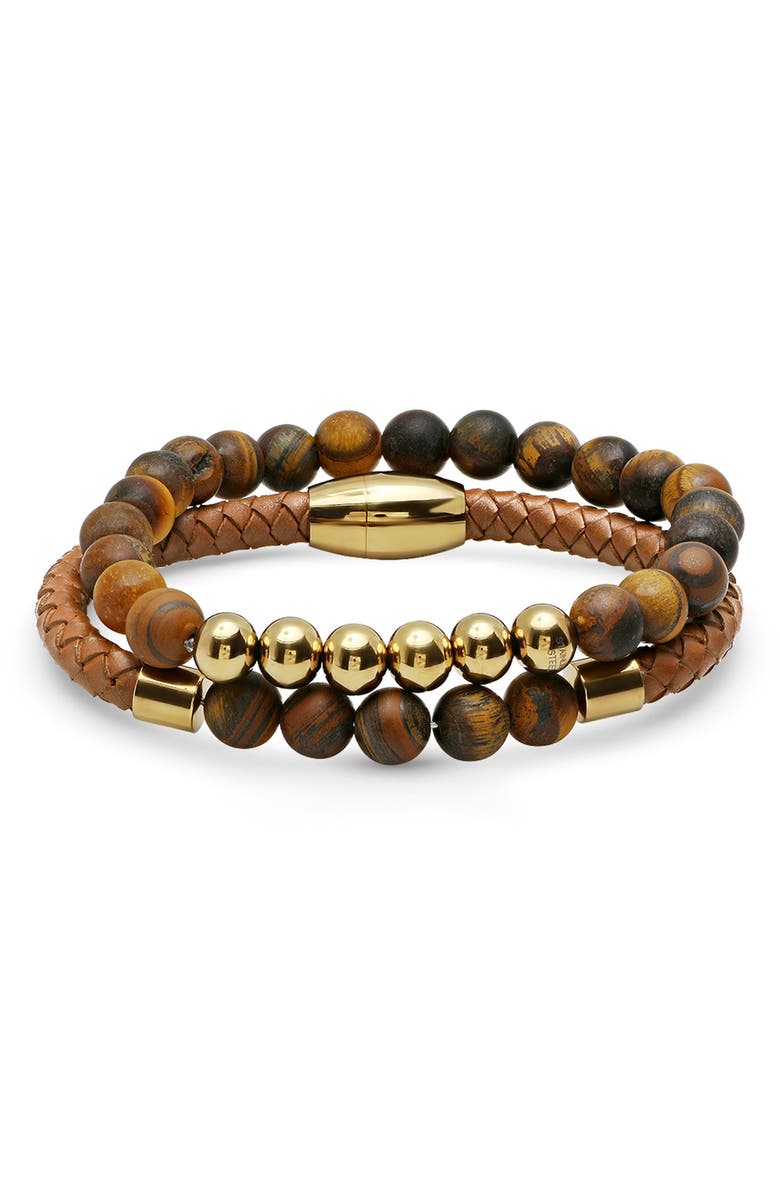 HMY JEWELRY Men's 18K Gold Plated Stainless Steel Beaded Leather Bracelet Set, Main, color, Brown