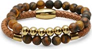 HMY JEWELRY Men's 18K Gold Plated Stainless Steel Beaded Leather Bracelet Set
