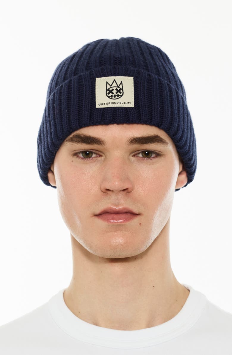 Cult of Individuality Logo Label Wool Blend Knit Beanie, Main, color, Midnight Blue