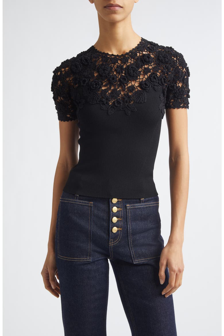 Clelia Rib Knit Crochet Top, Main, color, NOIR