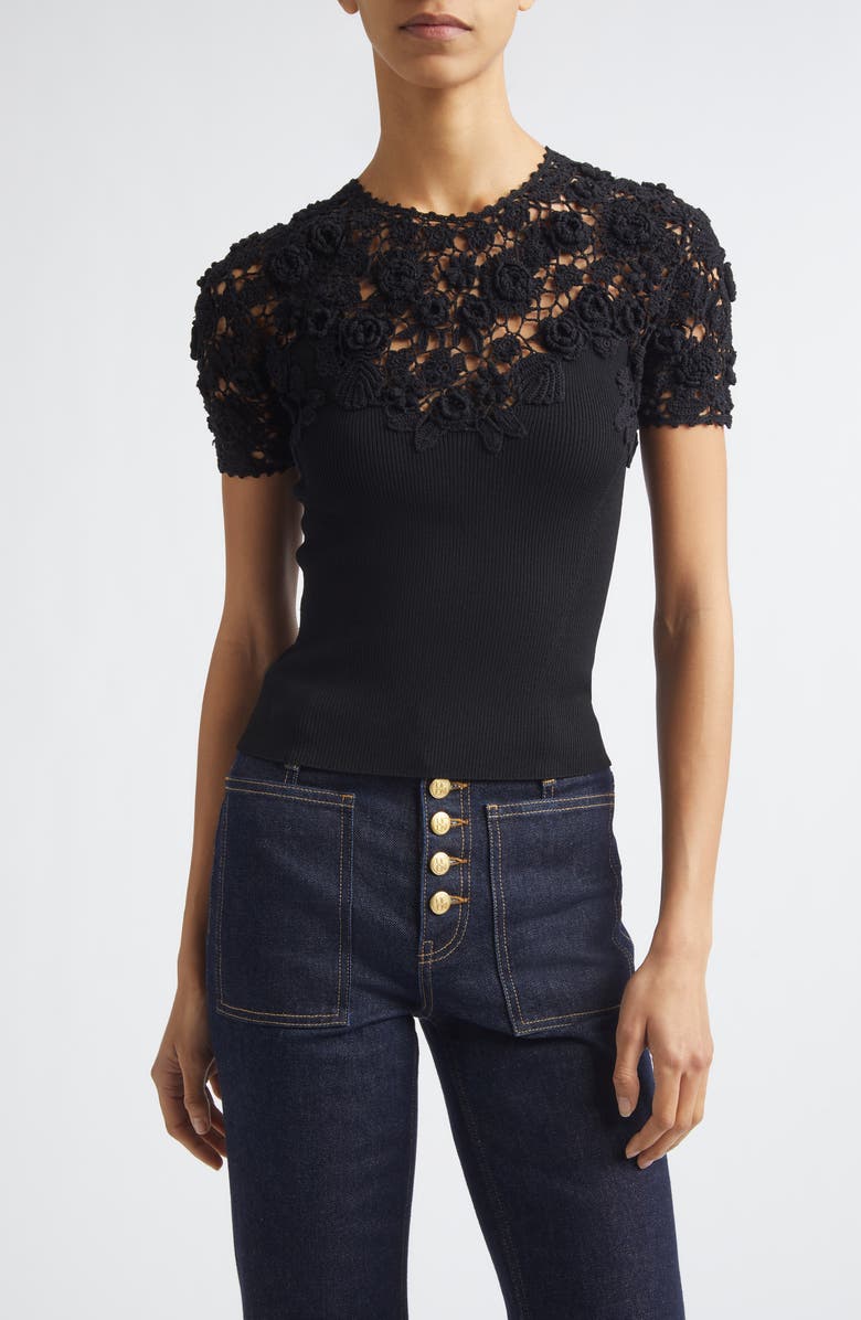 Ulla Johnson Clelia Rib Knit Crochet Top, Main, color, Noir