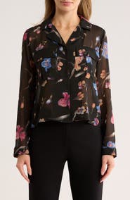 T Tahari Print Long Sleeve Crop Blouse
