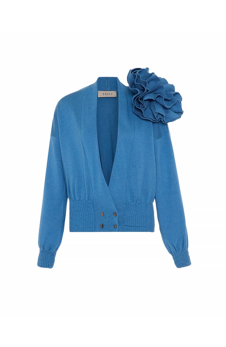THEO The Label Nomia Ribbed Waist Rosette Cardigan, Main, color, Retro Blue