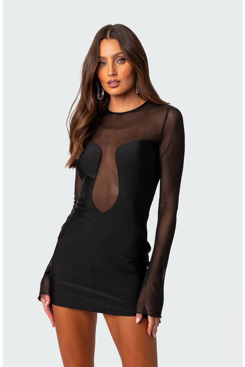 Saanvi Long Sleeve Mesh Panel Minidress, Alternate, color, BLACK