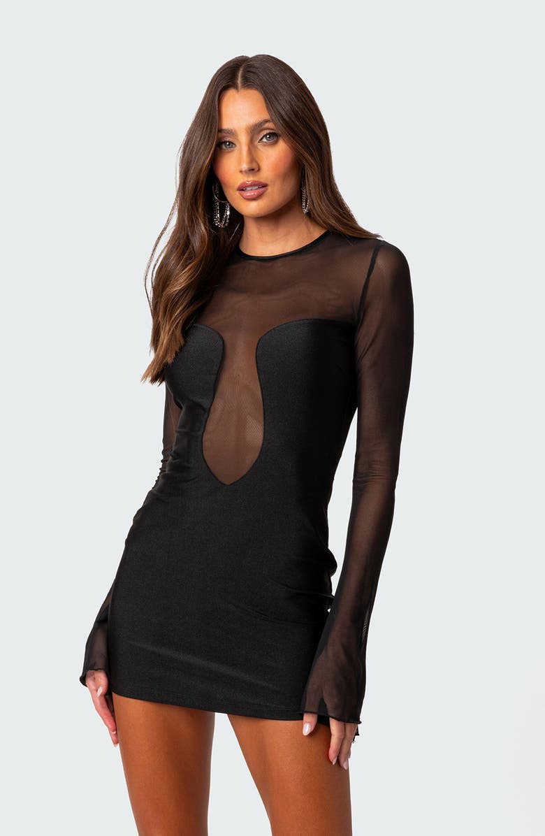 EDIKTED Saanvi Long Sleeve Mesh Panel Minidress, Alternate, color, Black