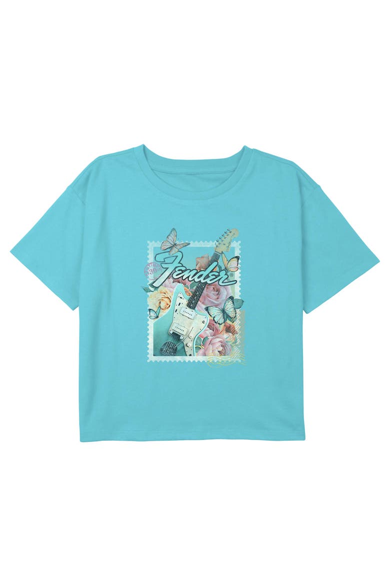 Girl's Fender Retro Floral Stamp Graphic Cropped T-Shirt, Main, color, Blue