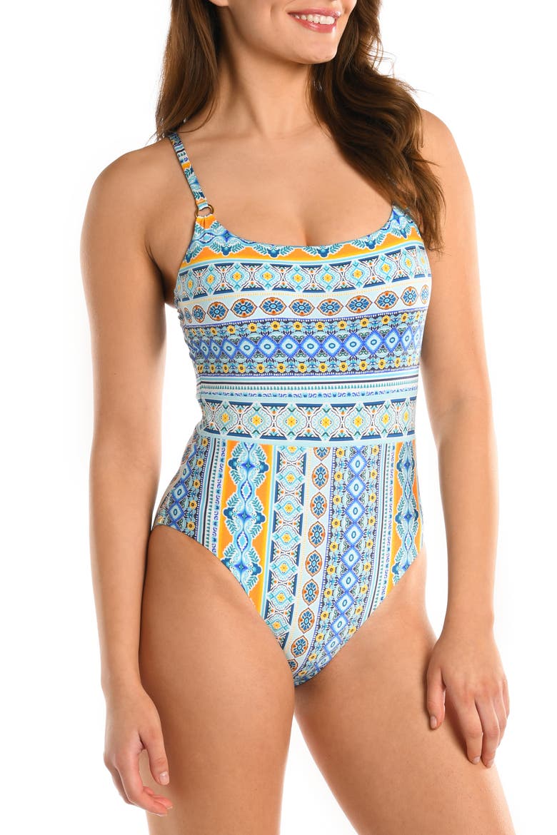 Scarf Print One-Piece Swimsuit, Main, color, ICE BLUE