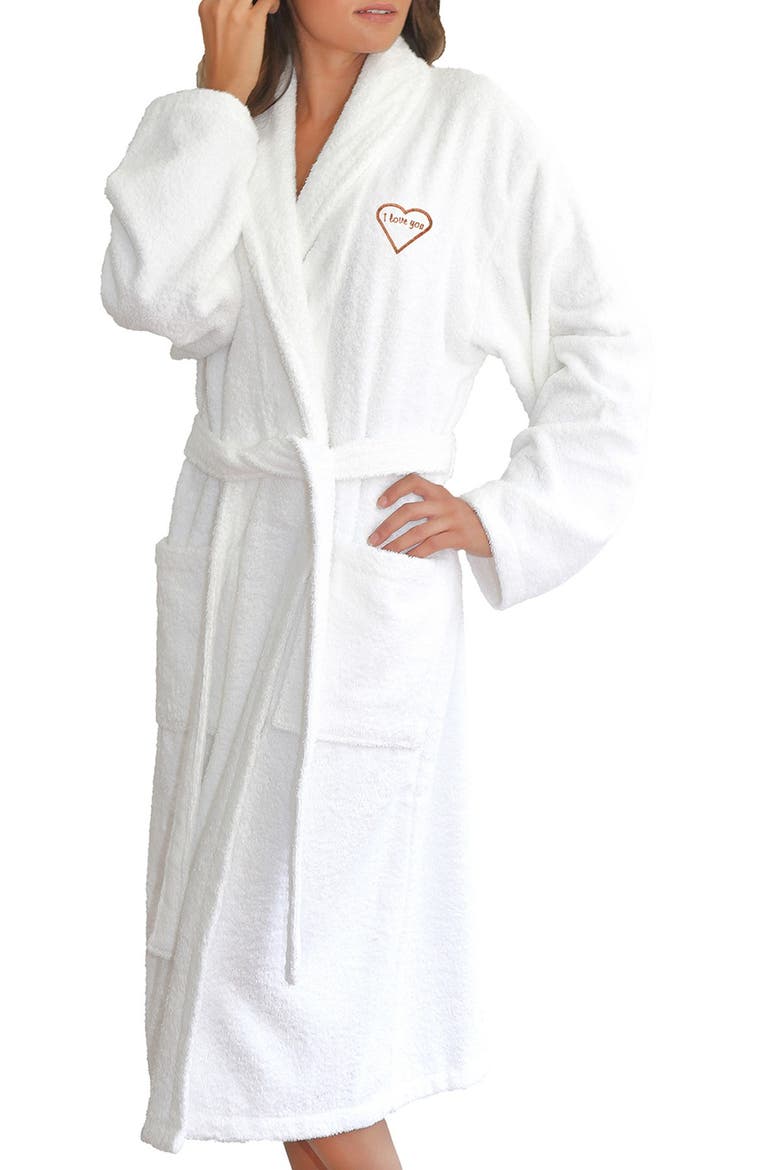 Mélange 'I Love You' Embroidered White Terry Bathrobe, Main, color, WHITE