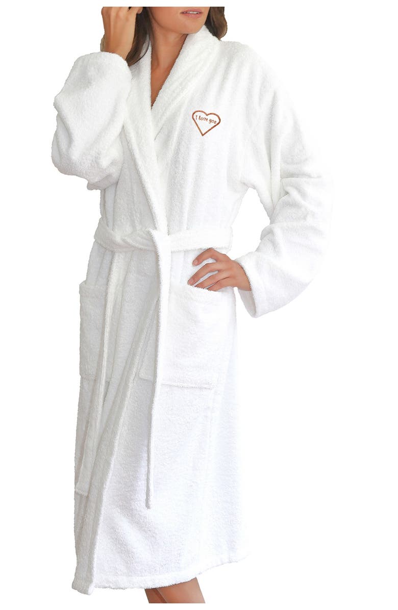 Linum Home Textiles Mélange 'I Love You' Embroidered White Terry Bathrobe, Main, color, White