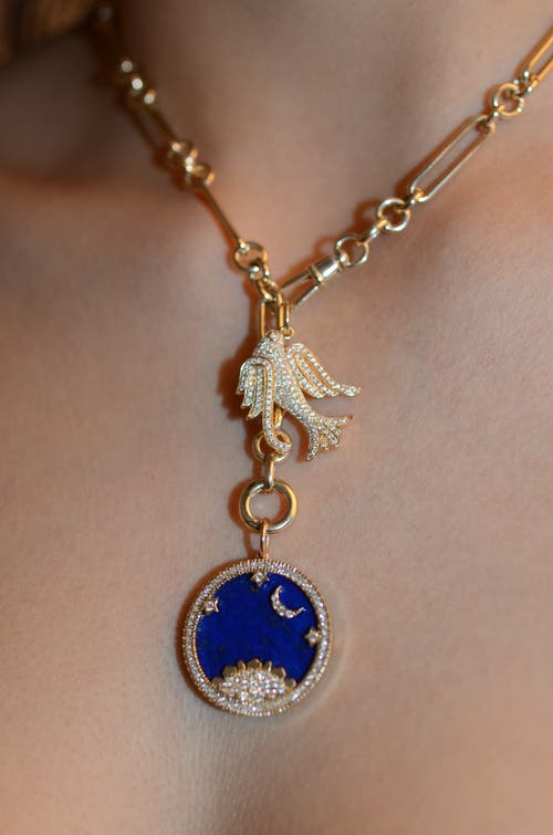 Shop Lionheart 14k Starry Night Lapis Medallion & Lovey Baby Bird Trombone Necklace In Gold