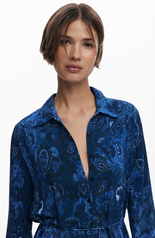 Desigual Belted Long Sleeve Midi Shirtdress In Blue