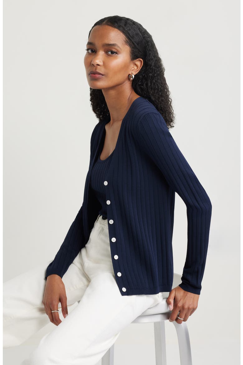 Fitted V-Neck Rib Cardigan, Alternate, color, NAVY NIGHT