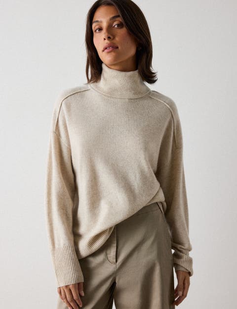100% Cashmere Seam Roll Neck Knit Jumper