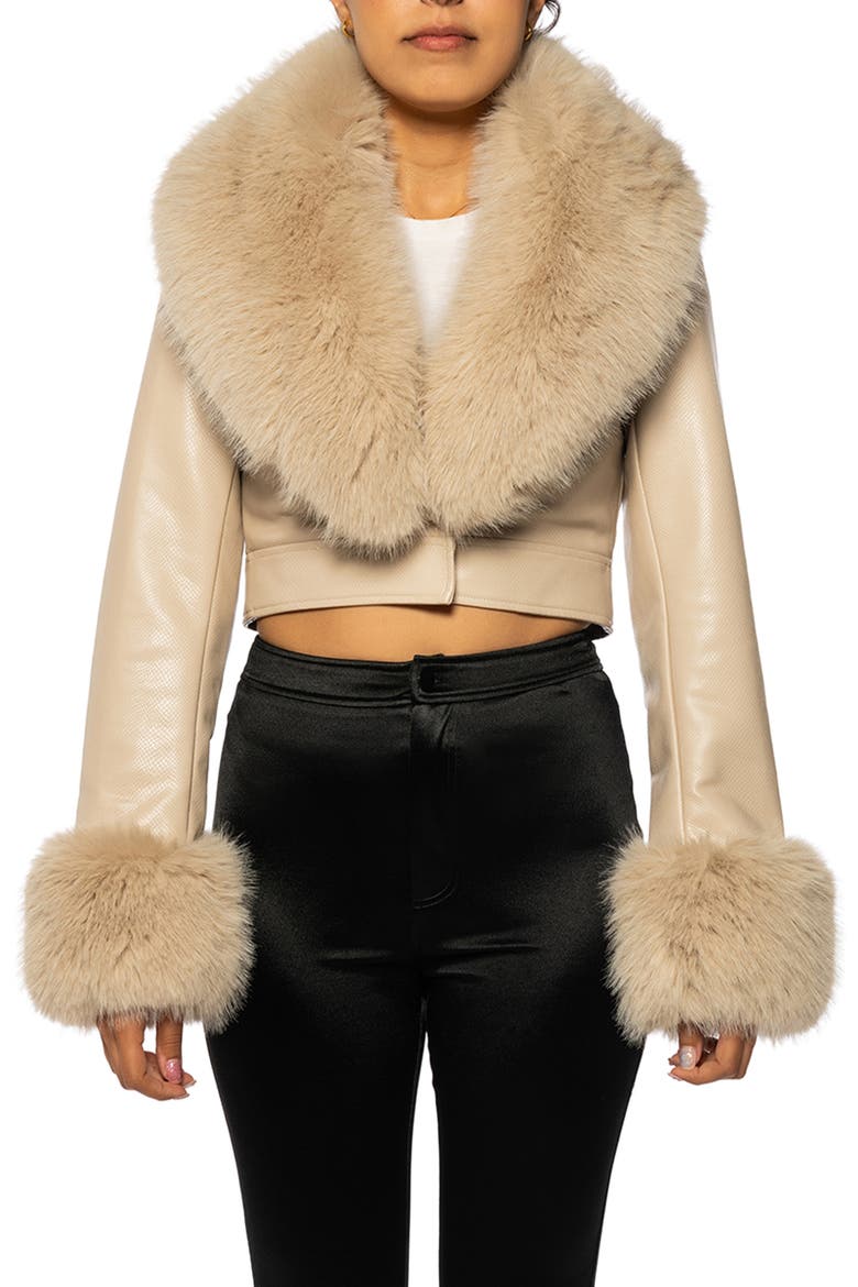 Gisele Faux Fur Trim Faux Leather Crop Jacket, Main, color, BEIGE