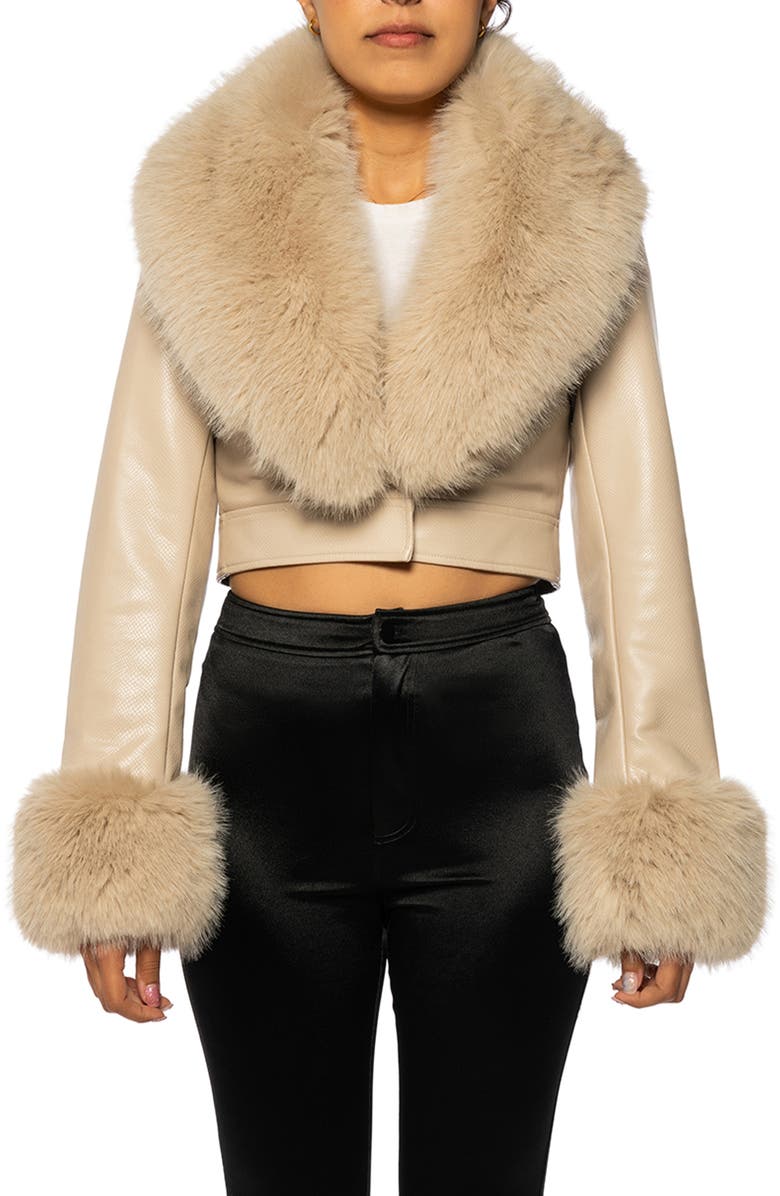 AZALEA WANG Gisele Faux Fur Trim Faux Leather Crop Jacket, Main, color, 